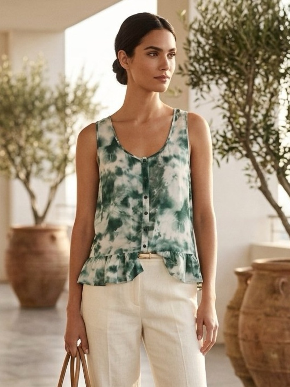 Lily White Top Women's Size Medium Green Tie Dye High Low Hem Sleeveless NWT